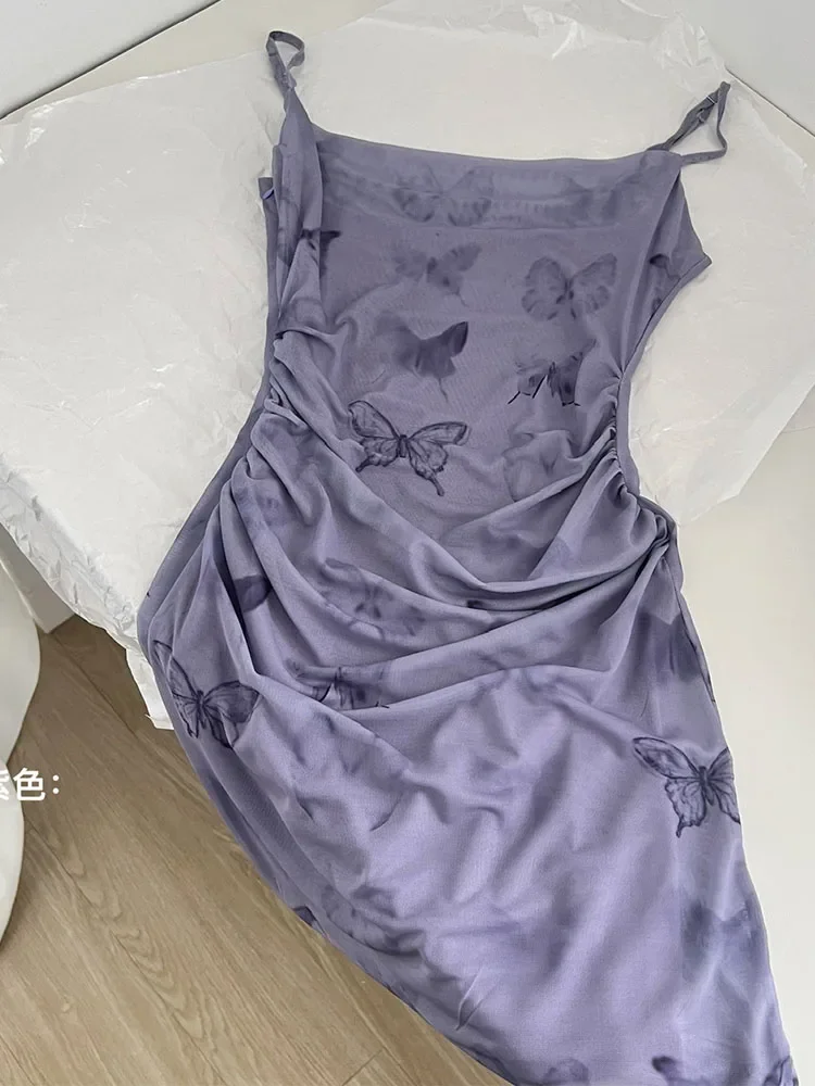 New Design Bufferfly Print Dress Elegant Spaghetti Strap Temperament Sexy Gauze Corset Banquet Prom Dress Purple Gown Coquette