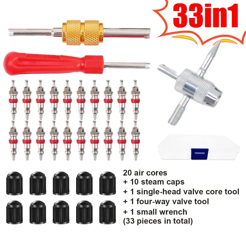 Car Motorcycle Copper Valve Core Kit with Tire Tyre 33pcs/set Valve Stem Removal Tool Tire Cleaning Repair Tool Auto Accessories