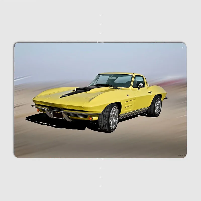 Yellow C2 Corvette Stingray Classic Sport Car Metal Sign Poster Garage Car Decoration Room Decor Automobile Club Tin Home Decor