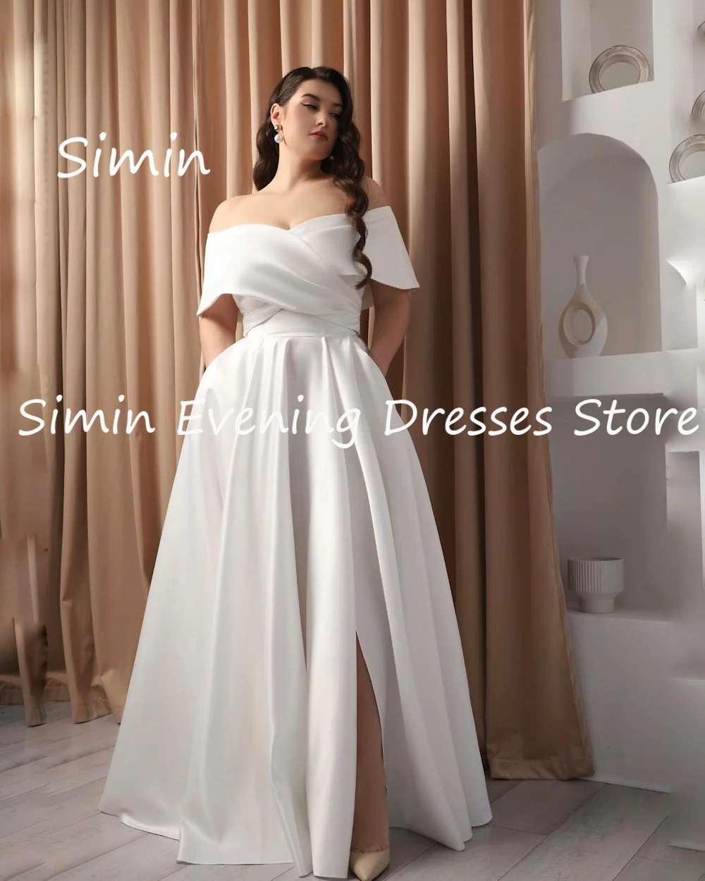 Simin Satin A-line Off-the-shoulder Ruffle Formal Prom Gown Floor-length Arab Evening Elegant Party dresses for women 2023