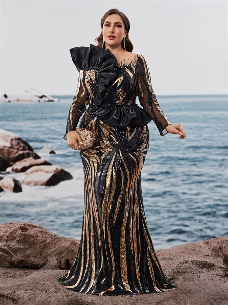 فساتين سهرة Lucyinlove مقاس كبير فاخرة مكشكشة بالترتر أنيقة بأكمام طويلة حورية البحر لحفلات الزفاف الرسمية وحفلات الكوكتيل