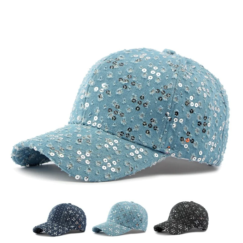 

Женская модная джинсовая кепка с козырьком и блестками, бейсбольная кепка, блестящая повседневная шляпа с защитой от ультрафиолета, модная уличная блестящая шляпа