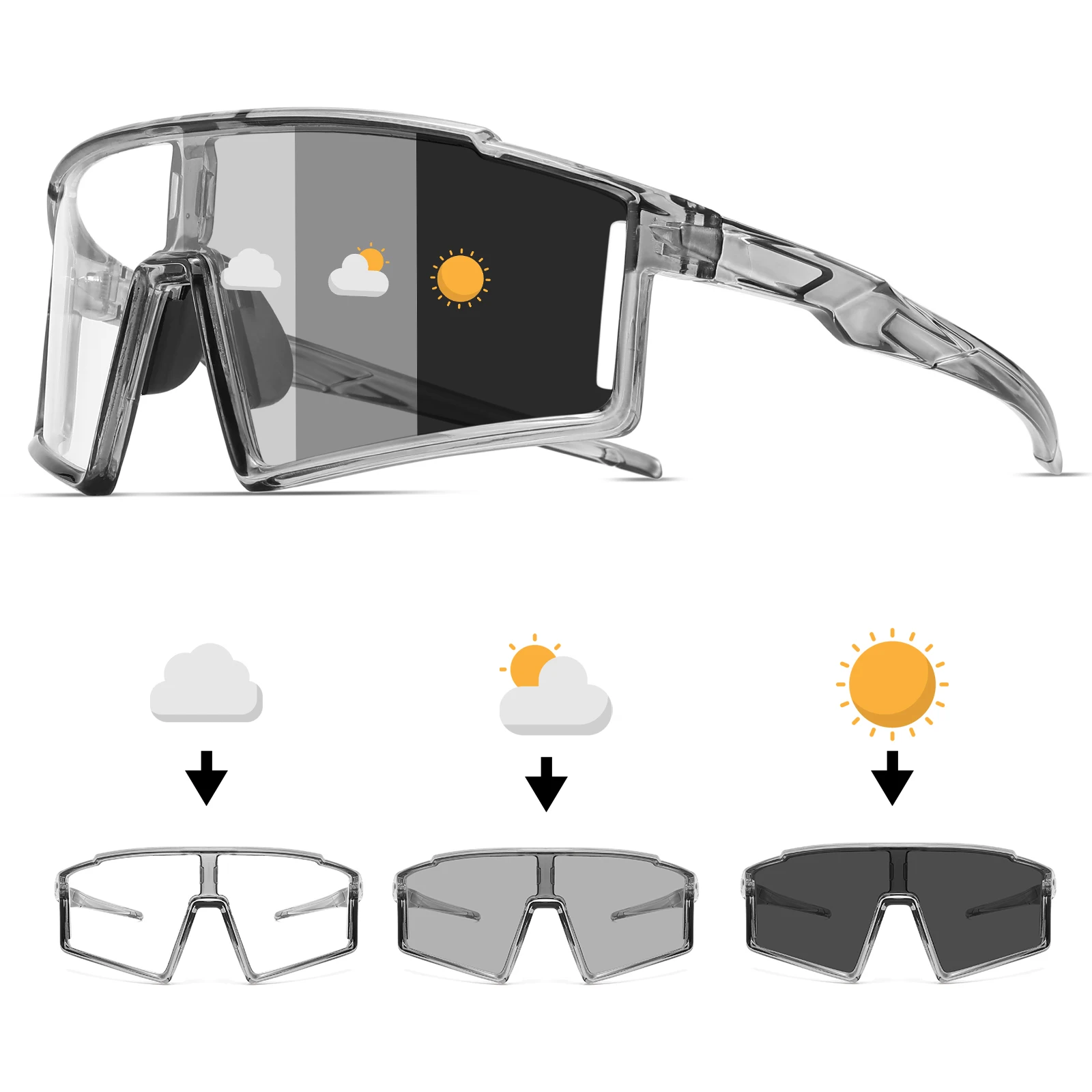 Photochrome einteilige Sport-Sonnenbrille – übergroßer umlaufender Rahmen, UV400-Komfort-Passform für Radfahren, Angeln und Reisen