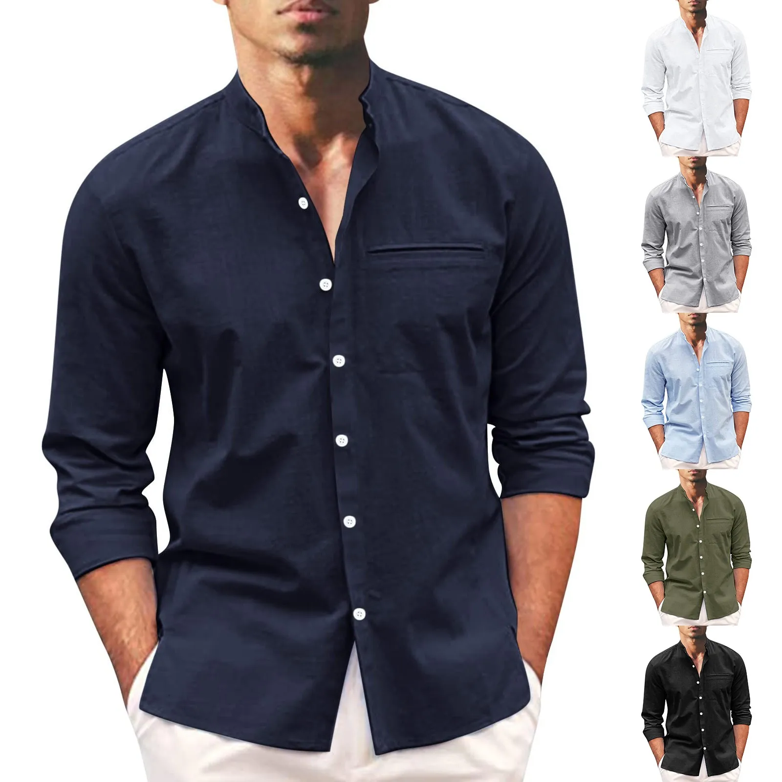 Men'S Standing Collar Shirts Summer Causal Fashion Long Sleeved Shirts Button Cotton Linen Solid Color Loose Exquisite Shirts