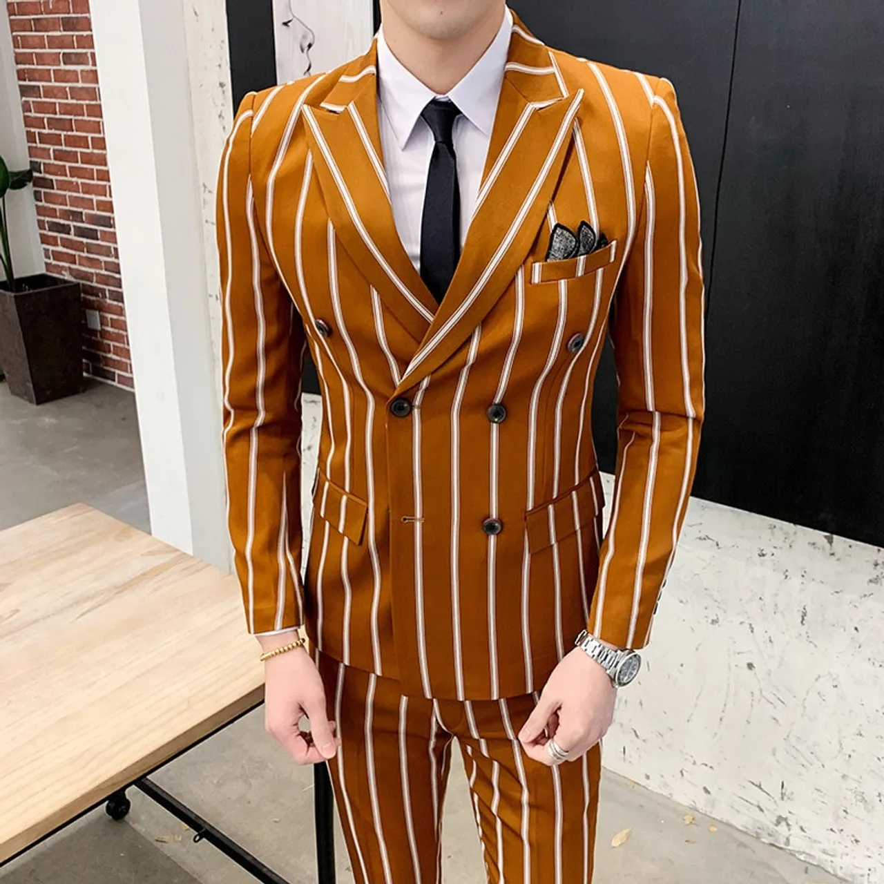 Blazer et pantalon à double boutonnage pour hommes, coupe couvertes trempée, revers cranté à fines rayures, marié de mariage, ensemble 2 pièces