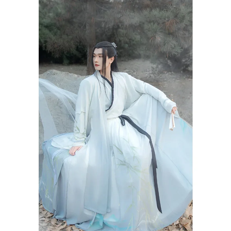 Traje Hanfu de manga grande para hombre, traje Oriental elegante con cuello cruzado blanco, estampado de bambú, ropa tradicional china para Cosplay, 3 piezas