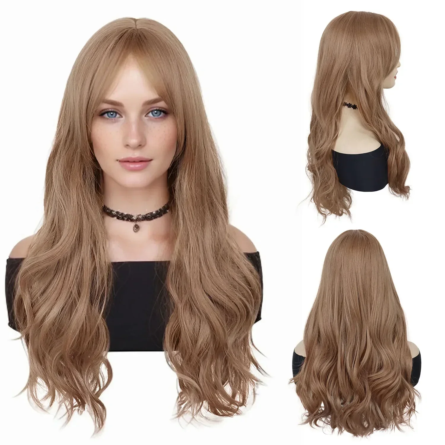 

Synthetic Hair Light Brown Curly Wig with Bangs Long Wigs for Women Ombre Wave Cosplay Wig Drag Queen Roleplay Wigs Halloween