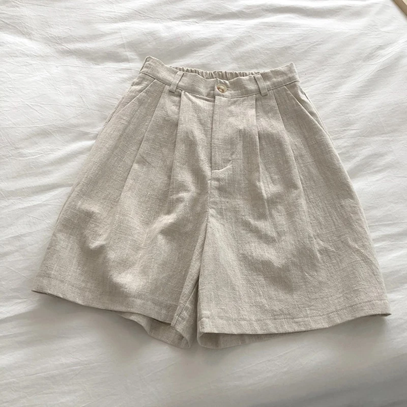 GIDYQ Women Shorts Solid High Waist Fashion Cotton Linen Straight Shorts Ladies Summer Loose Casual A Line Wide Leg Shorts