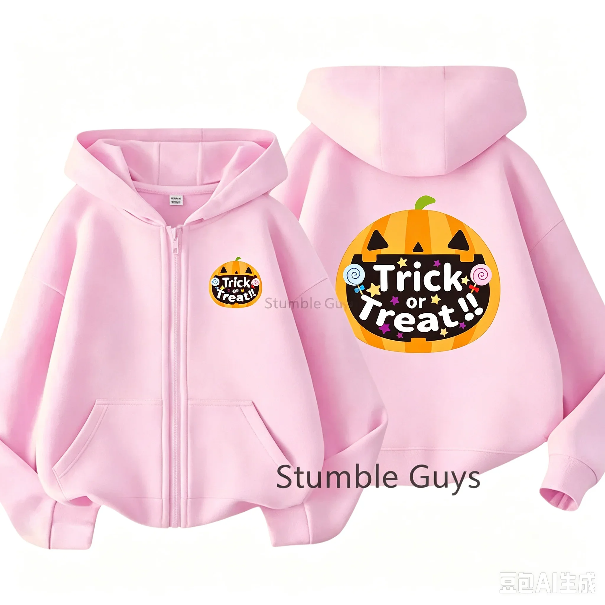 Boys Girls Zip Hooded Sweatshirt Halloween Trick Or Treat Pumpkin Candy Print Kids Long Sleeve Loose Casual Hooded Coat