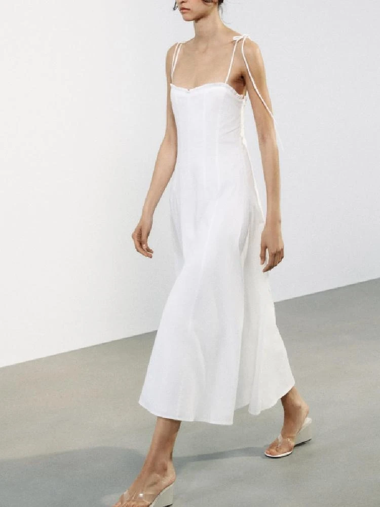 Novo Vestido Midi F de Verão com Alça e Saia Longa, Decorações em Camadas, Estilo Envolvente em Tule de Seda, Sem Mang...