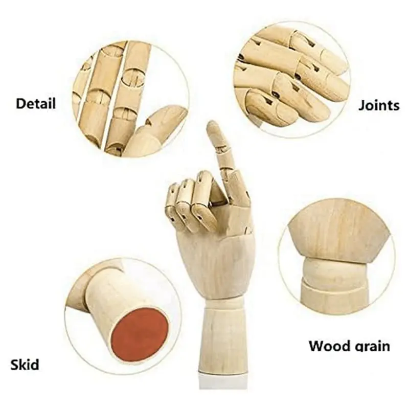 A02F-Wood Artist Drawing Manikin Articulated Mannequin With Wooden Flexible Fingers 4 Pcs(10 Inches-Left Hand Right Hand)