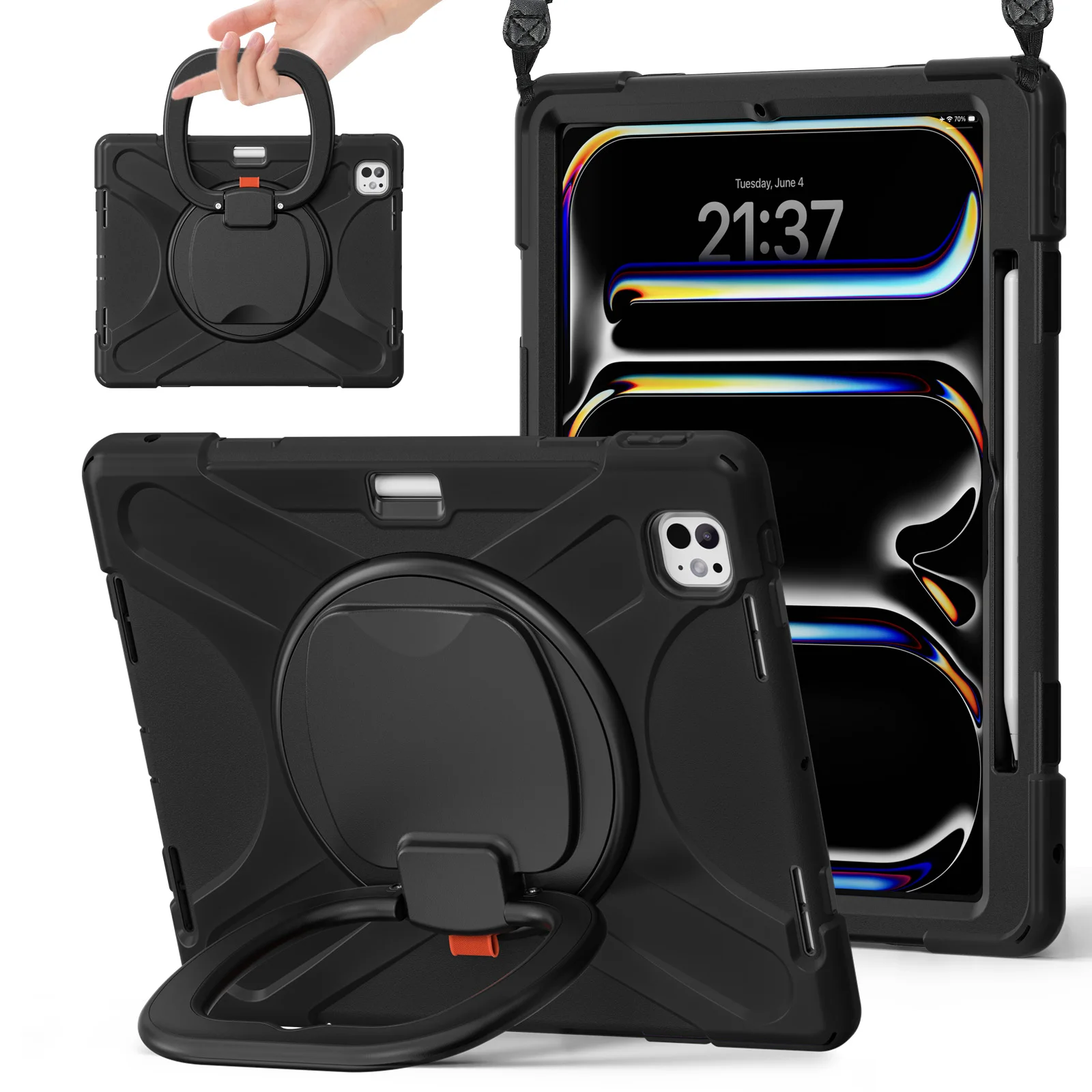 

Kids Funda Stand Case For iPad Pro 13 2024 Model A2925 A2926 A3007 360 Rotating Heavy Duty Cover With Handle Grip Shoulder Strap