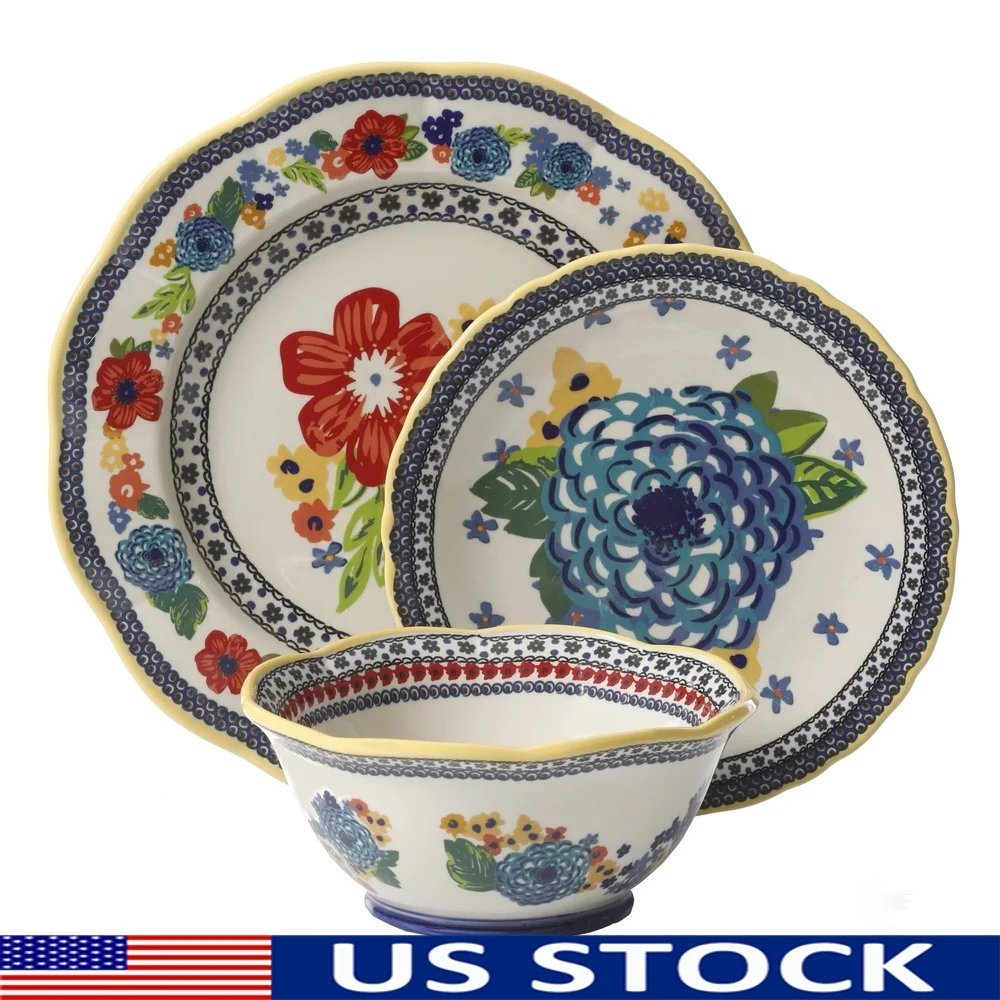 

12-Piece Dinnerware Set Scalloped Edges Floral Design Farmhouse Style Dishwasher Safe Perfect Dining Entertaining Home Use