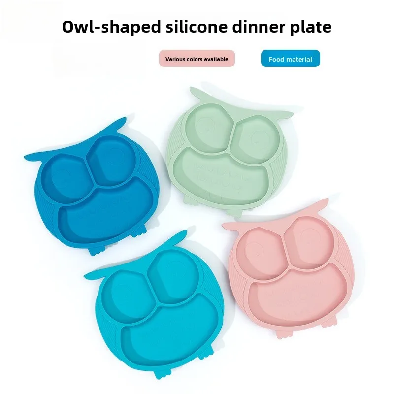 BPA FREE Food Grade Silicone Owl Plate, 3 Compartments Heatproof Suction Tray for Baby Kids Feeding