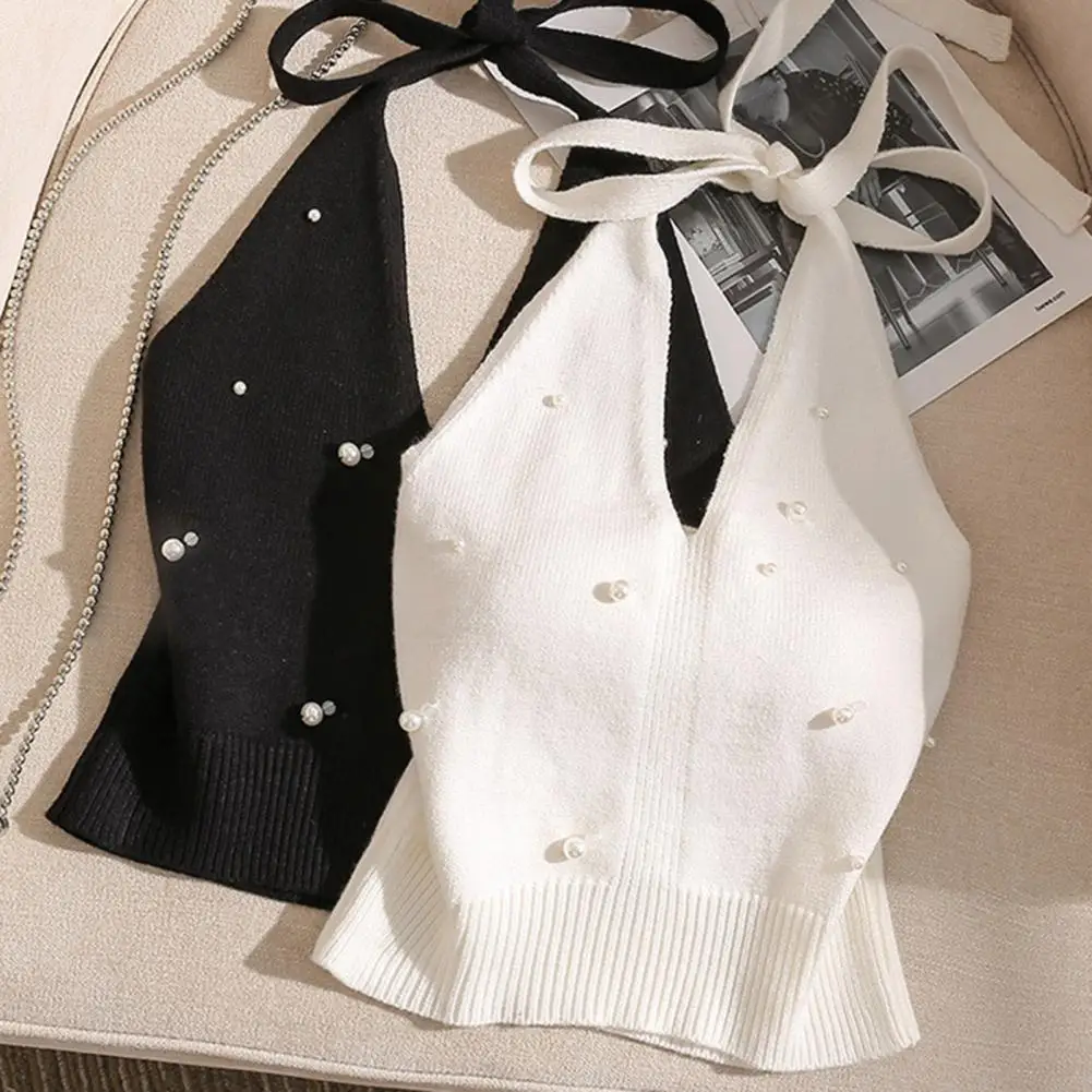 Women Tops Halter Neck Beaded Faux Pearls Camisole Soft Stretchy Solid Color Knitting Tops Work Party Casual Office Wear