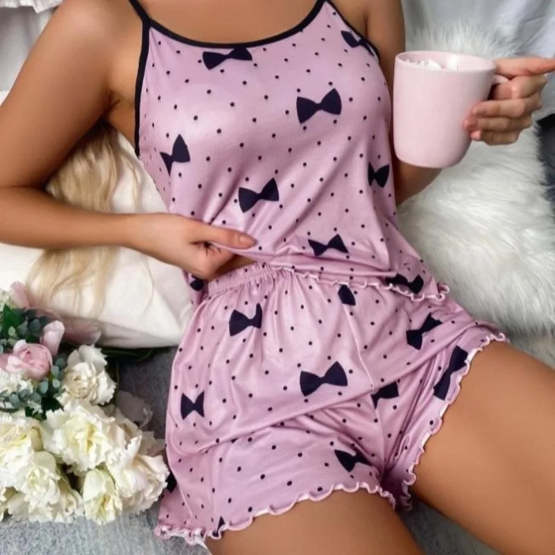 Lettuce Trim Heart Print Women Pajama Set Sleeveless Screw Neck Top & Elastic Waist Shorts 2 Pieces Female Sleepwear Nightwear