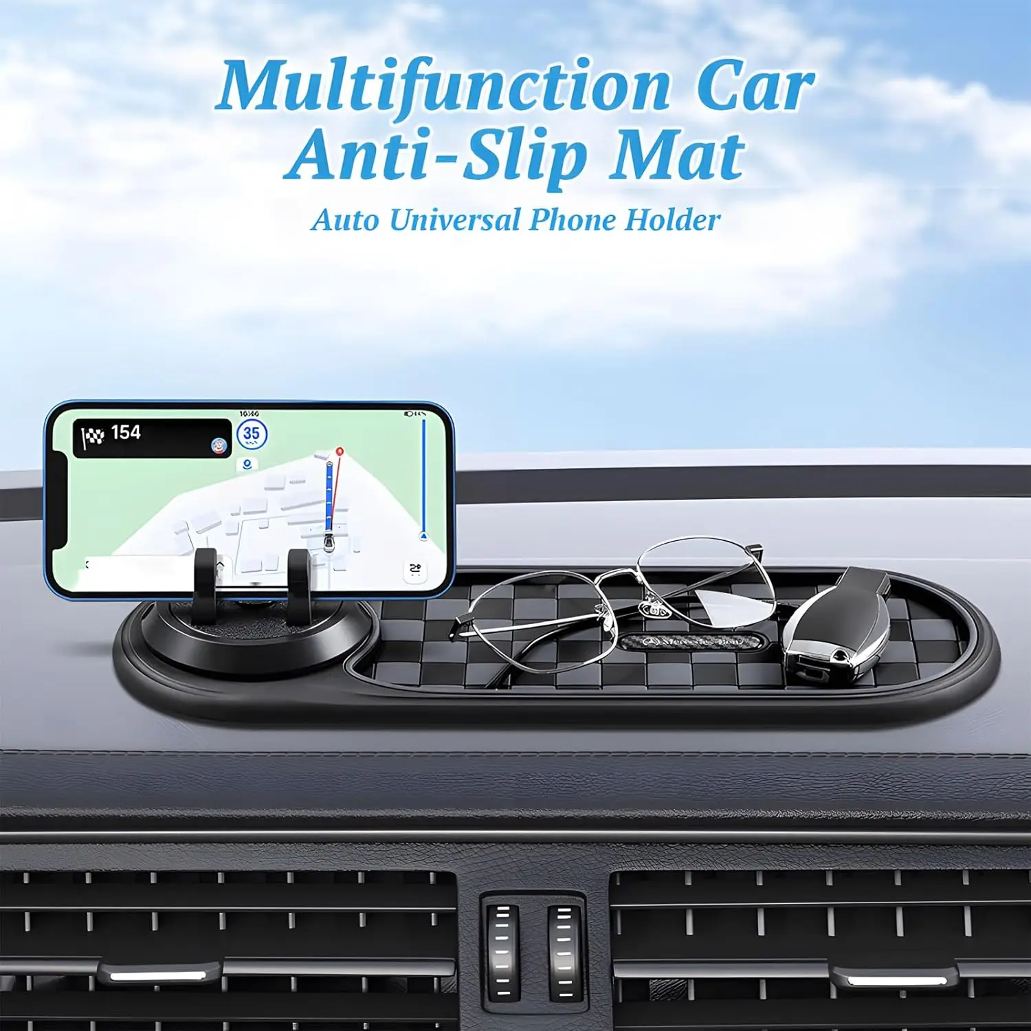 niversal Car Dashboard Mat Non-Slip Thickened Widened Silicone Pad with 360° Rotating Phone Holder Anti-Shock Tray Organizer