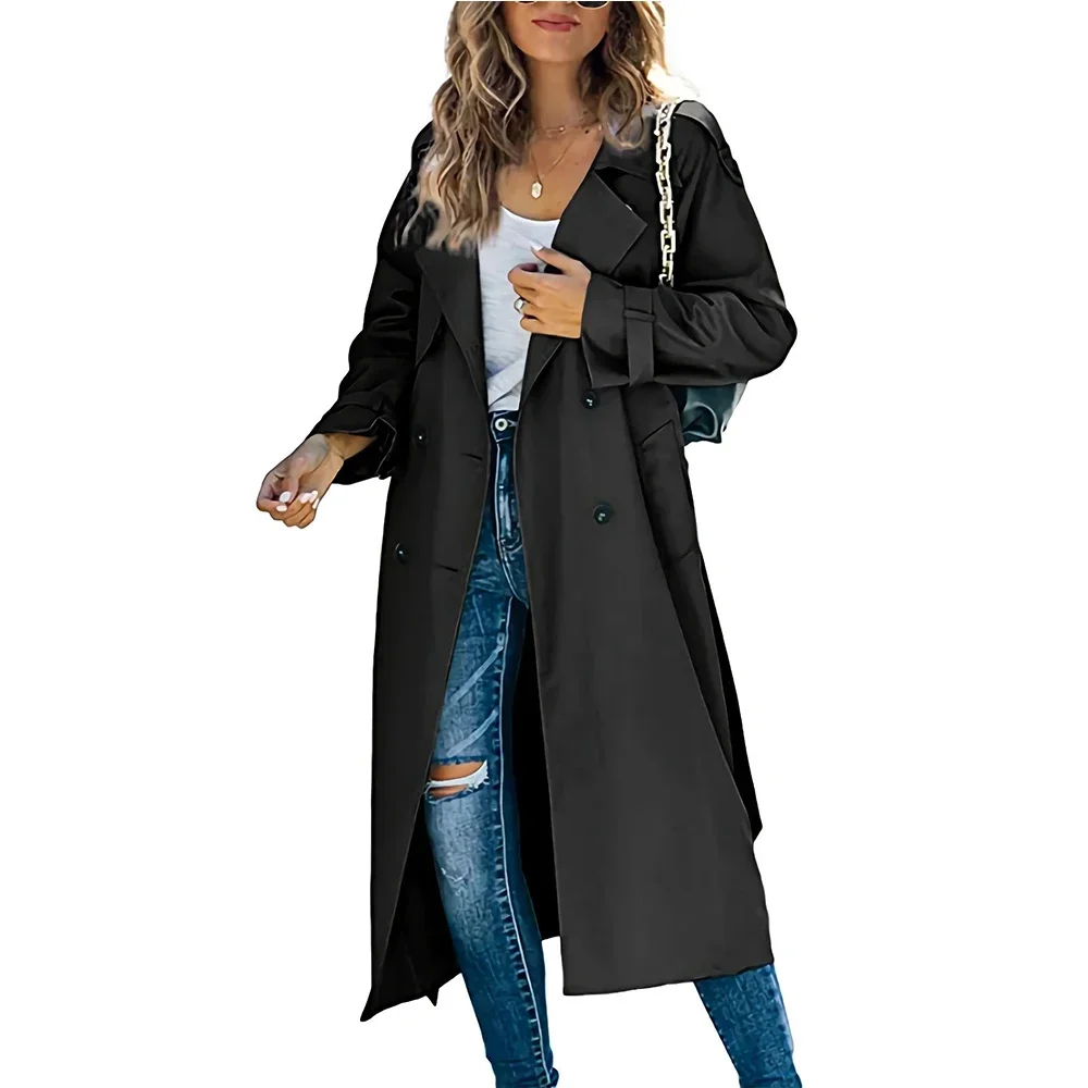 Women\'s Windbreaker Coat Fashion Long Pocket Lapel Button Windbreaker British Style Over The Knee Long Coat Office Commuter Wear