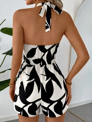 Women's Black & White Leaf Print Halter Romper, Sleeveless Tie Back Elastic Waist Short Jumpsuit, Casual Summer Wear