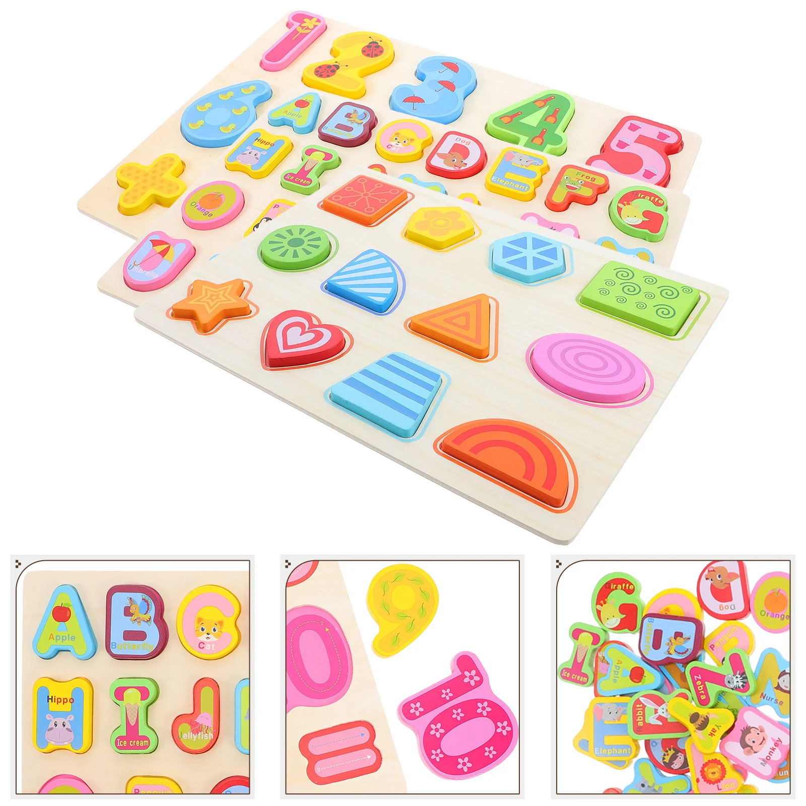 3Pcs Wooden Alphabet Number Shape Puzzles Montessori Early Education Math Learning Games Preschool Toddlers Gift