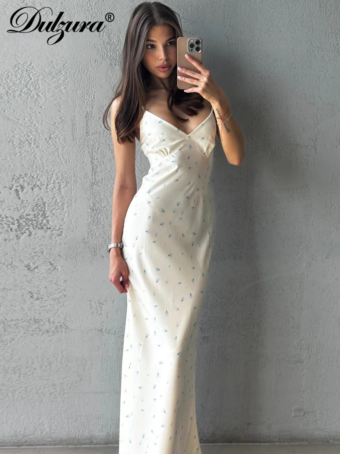 Dulzura Abito lungo da donna senza maniche, senza schienale, vestibilità slim, con spacco laterale, cerniera, stampa Cami, abito lungo, sexy, elegante, casual, abiti da festa