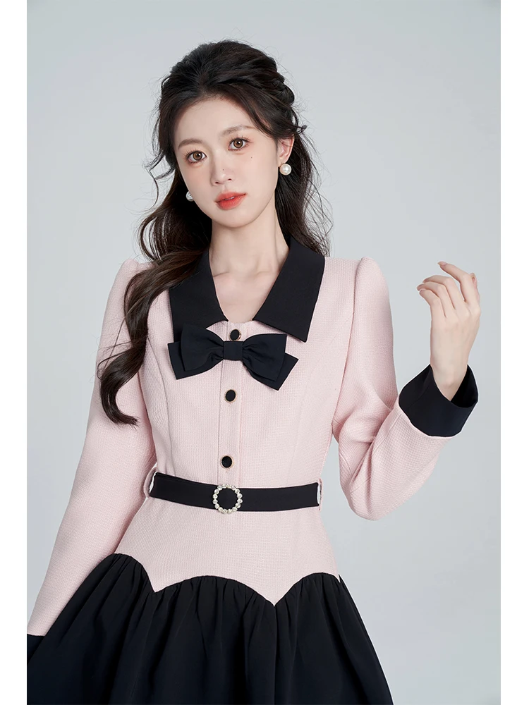 

Dress Women's Cotton Color Matching Long Sleeve Pink Lapel Spring and Autumn Sweet Fake Two-Piece Slim Fit Waist A- line Mini1Pc