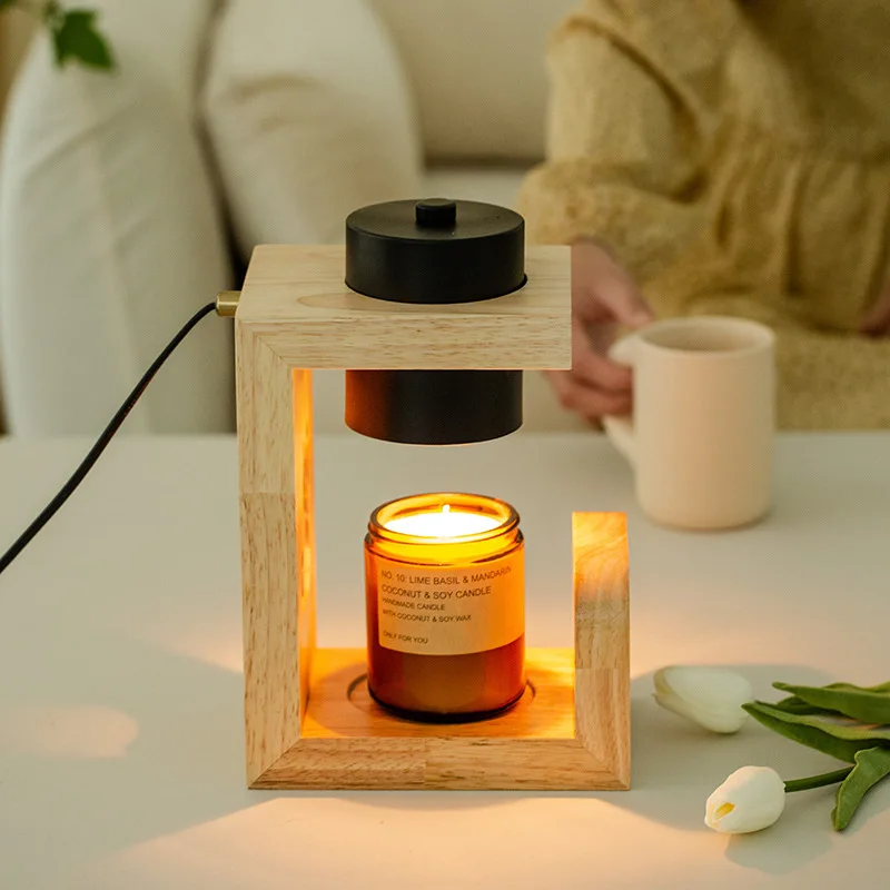 Popular Adjustable Light Electric Scented Wooden Base Candle Heater Lamp for Home Fragrance Gift