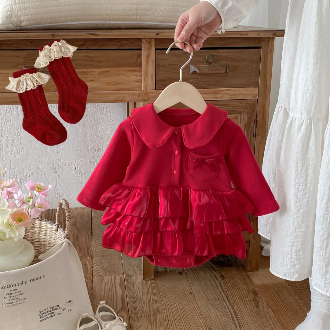 

Spring Baby Girl Cotton Romper 0-2Y Newborn Red Long Sleeve Bodysuit Layered Tulle Bow Decoration Soft First Birthday Outfits