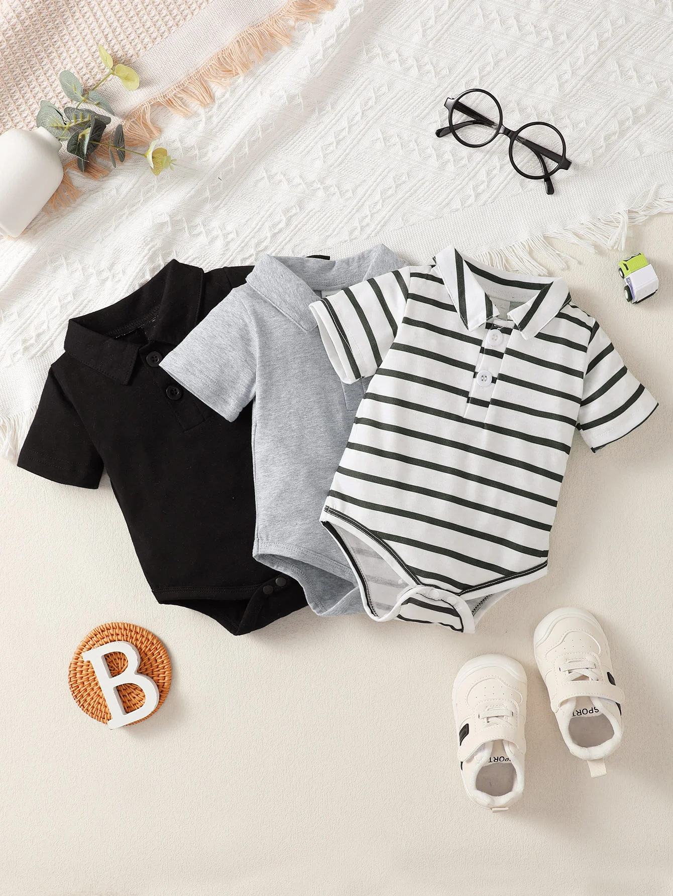 Summer Baby Boy 3pcs Striped Polo Neck Bodysuit