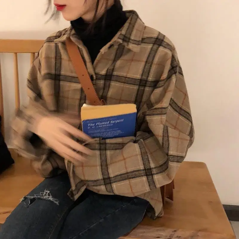 Women Shirts Autumn Female Outerwear Woolen Plaid Soft Cozy Simple Elegant Office Korean Trendy Ulzzang Chic Ins Long Sleeve Top