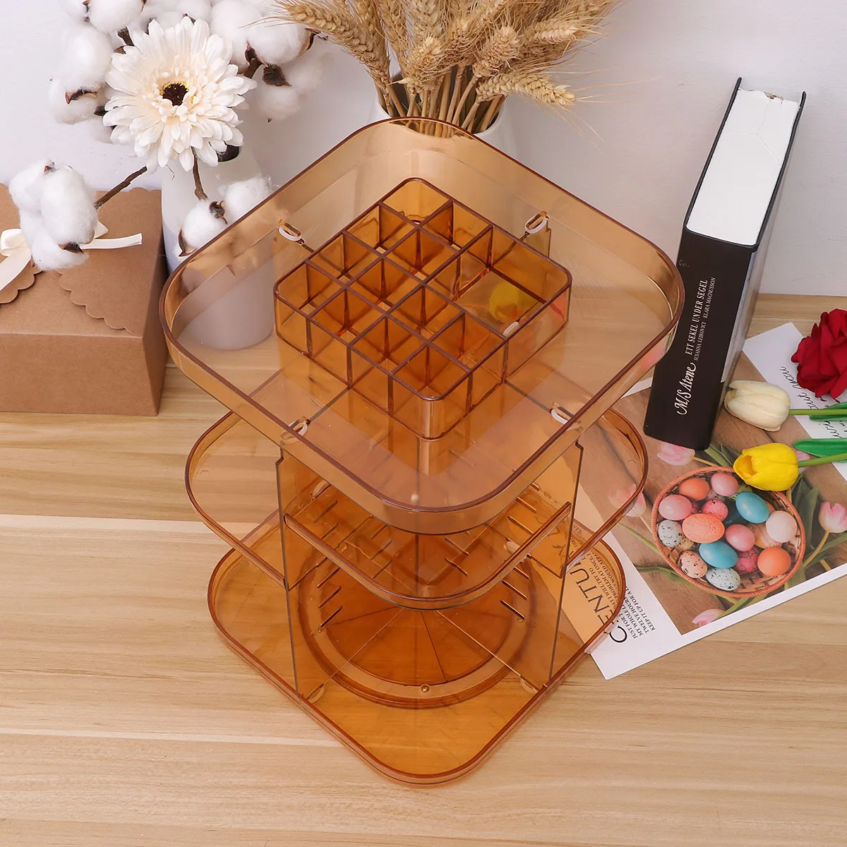 منظم دوار، رف مربع ذو سعة كبيرة، حامل مكياج، رف تخزين متين لرذاذ الجسم للعناية بالبشرة والعطور