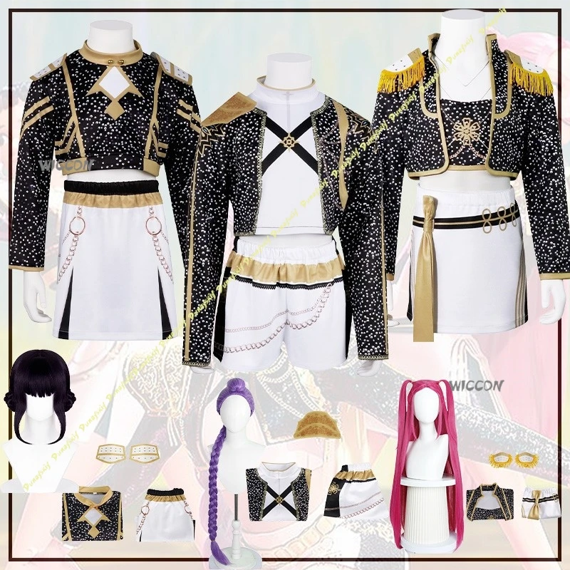 Kostiumy Cosplay KPop Demon Hunters Anime HUNTR/X Rumi Mira Zoey Peruki Czarna Sukienka Spódnica z Nadrukiem dla Dziewczyn na Scenę Boże Narodzenie Halloween