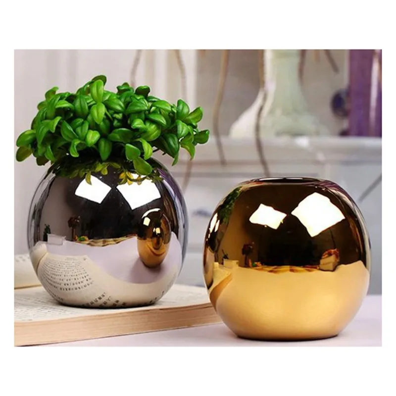 

Gold Color Ceramic Vase Crafts Modern Round Ball Small Flower Bottle Desktop Silver Art Floral Jar Plant Cups Home Accessories