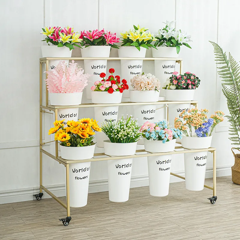 Large Movable Florist Multi-layer Shelf Shop Wrought Iron  Flower Shop Bucket Display