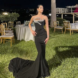 Eightree Luxury Black Slik Satin Evening Dresses Elegant Long Mermaid Party Dresses Shiny Formal Occasion Gowns Sweep Train