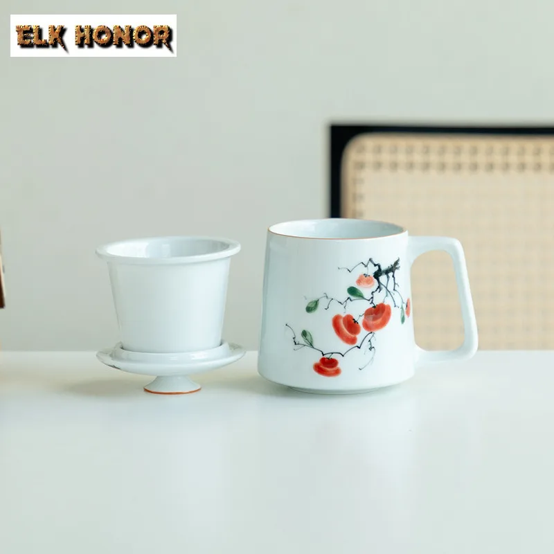 

380ml Hand Drawn Persimmon Ceramic Filter Tea Separator Cup Handmade Tea Mug With Infuser Tea Making Office Water Cup Cafes Gift