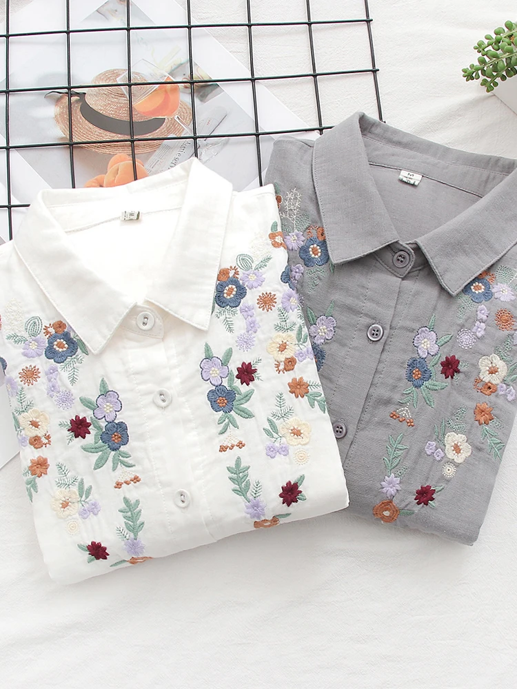 New Autumn Double 100% Cotton Yarn Shirts, Women Lapel Embroidery Tops, Mori Girl Long Sleeve Loose Blouses, Spring T49237CC