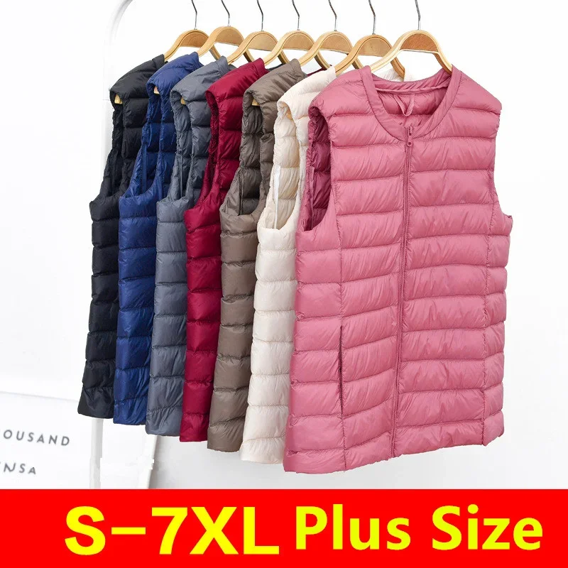 Oversized 5XL 6XL 7XL Female O-Neck Casual Down Vest Coats Women Autumn Winter Ultralight Thin Packable Down Sleeveless Jacket