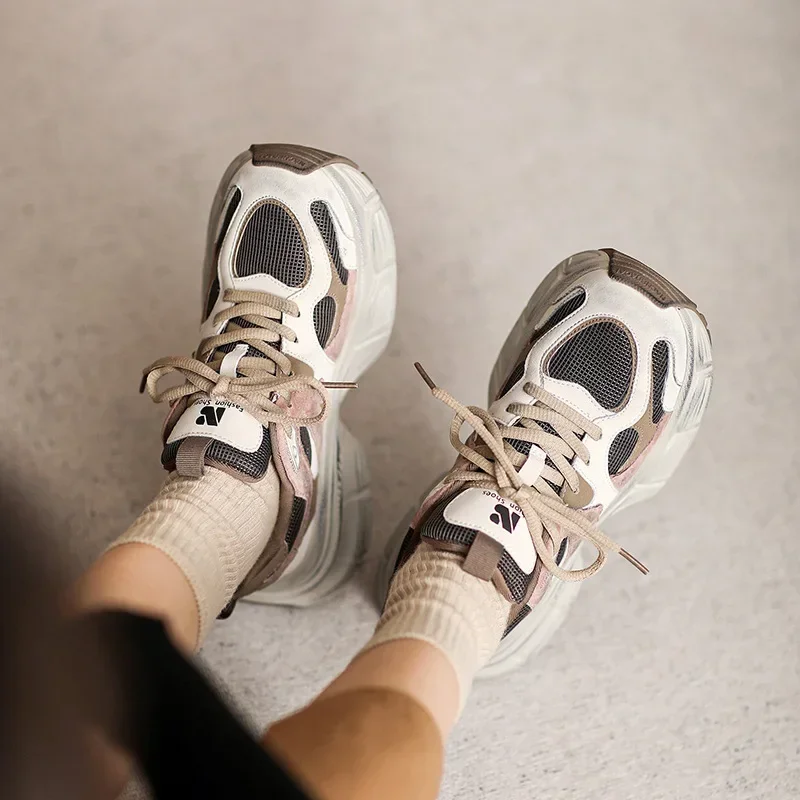 Krasovki 5.5cm  Air Mesh Ankle Chunky Sneaker Autumn Women Comfy Spring Summer Booties Boots Shoes Genuine Leather Mixed Color image 5