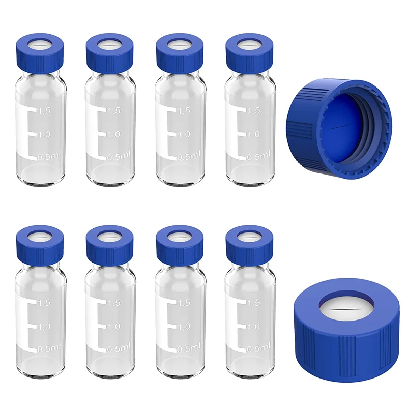 2ML Autosampler Vials Pack Of 100 - HPLC Vials 9-425 Clear Vials with Blue Screw Caps Blue White Septa