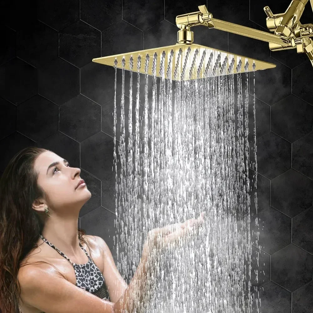 

All Metal 10" Dual Square Shower Head Combo | Rain Shower Head Handheld Shower Wand Adjustable | 3-Way Diverter 71" Extra