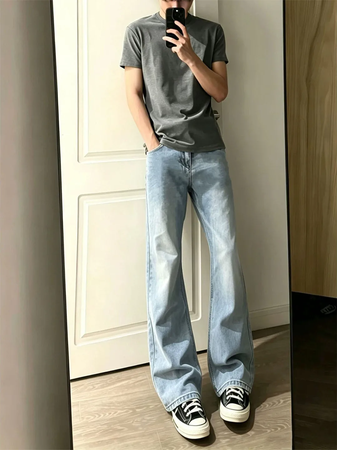 Slim Fit Light Blue Bell Bottom Men's Jeans Summer American High Street Style Lengthening Leg Effect Knife  Pants