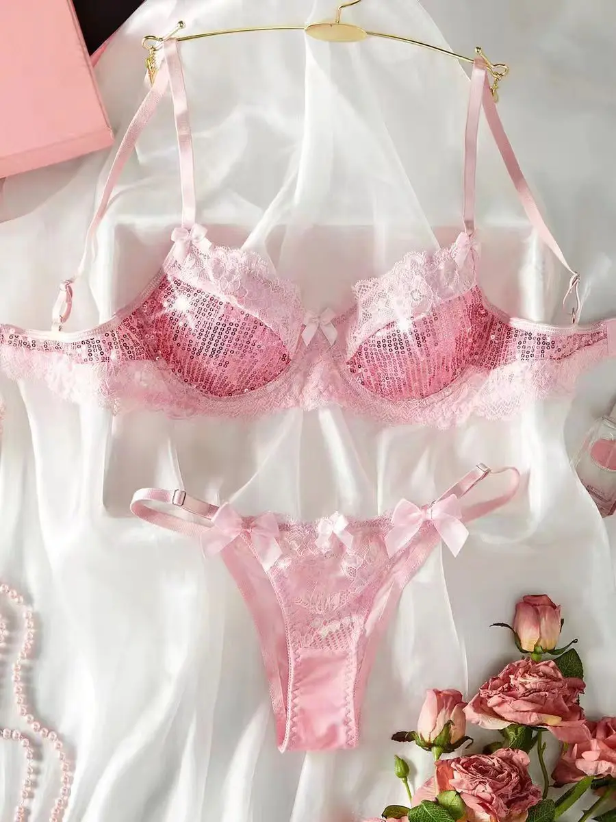 2024 Sexy sweet pink bra and panty set thin lace lingerie briefs female bra breathable gathered underwear steel ring brassiere