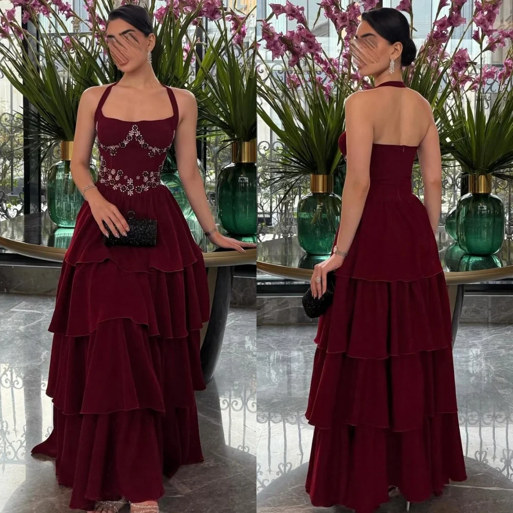 

Customized Modern Style Elegant Chiffon Rhinestone Beading A-line Halter Long Dresses Bespoke Occasion Dresses Sizes Available
