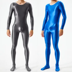 Mens Shiny Glossy Zentai Suit Lingerie Long Sleeve Bodystocking Sport Gym Fitness Bodysuit Jumpsuit Costume