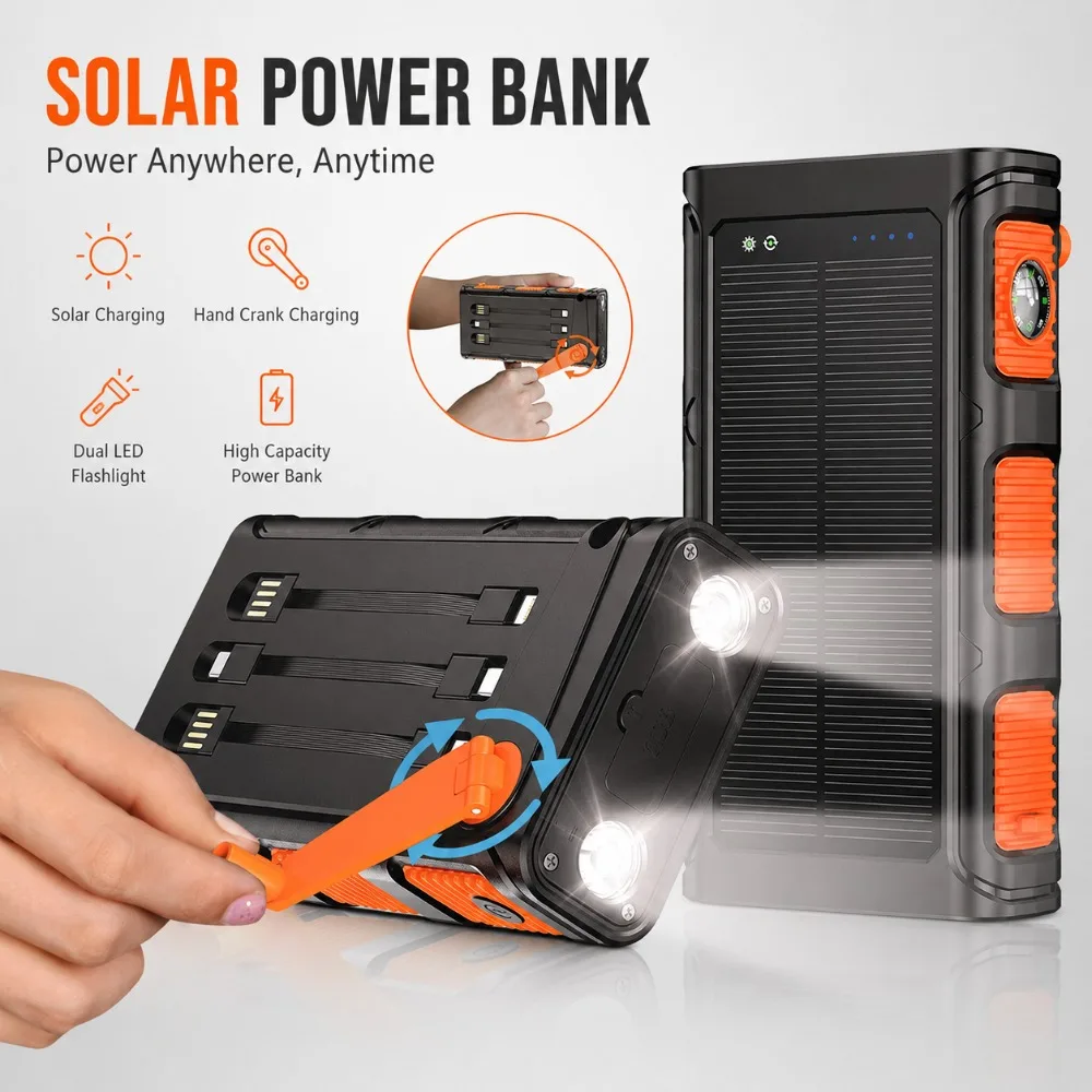 Power Bank 30000mAh Hand Crank Solar with Cable Camping Light PD 20W Fast Charging Powerbank for iPhone Xiaomi Samsung Poverbank