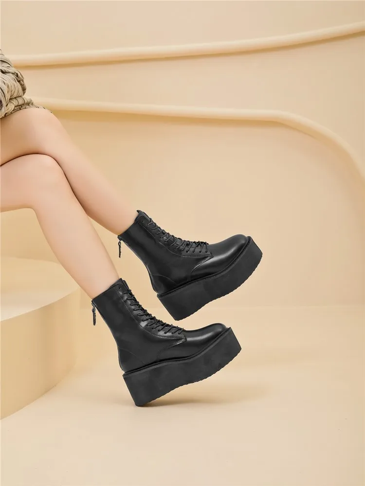 Damen-Stiefeletten und -Boots mit rutschfester, dicker Sohle für Herbst und Winter, Retro-Stiefel mit Erhöhung, Motorradstiefel für Damen – Detail 4