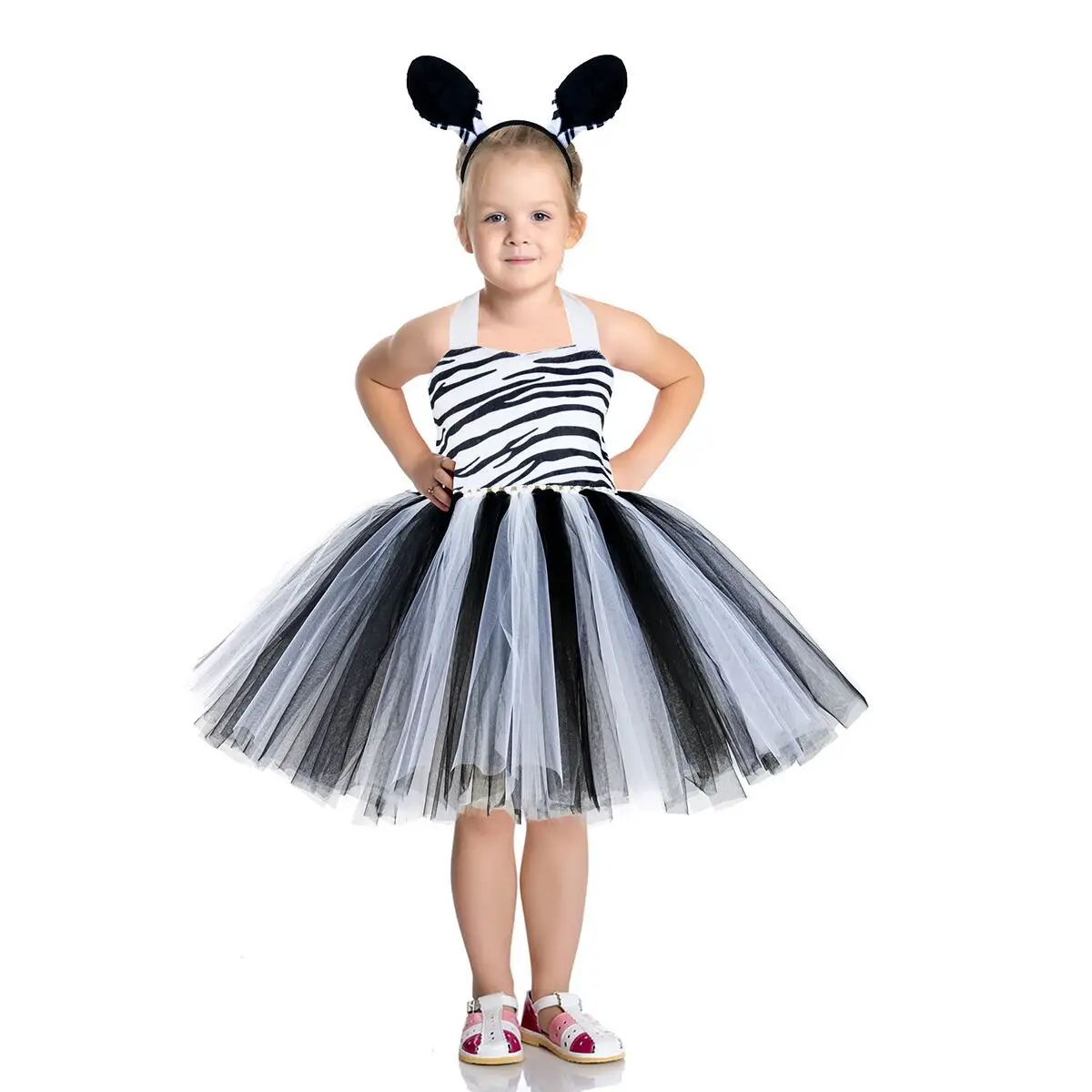 

New children's zebra costume for Halloween animal performance outfit - cute zebra dress with net tulle and puff skirt for stage
