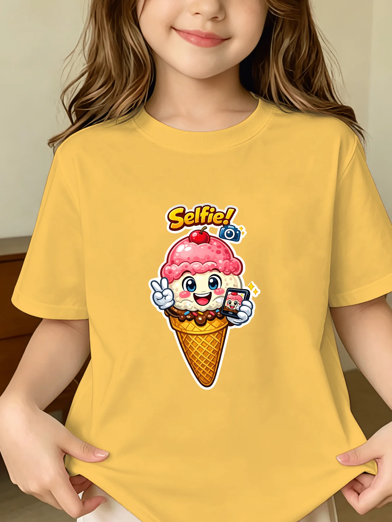 Selfie Ice Cream Cone Kids Tee Cute Dessert Cartoon Print Boys Girls Family Matching Cotton Summer Short Sleeve Children Tshirt
