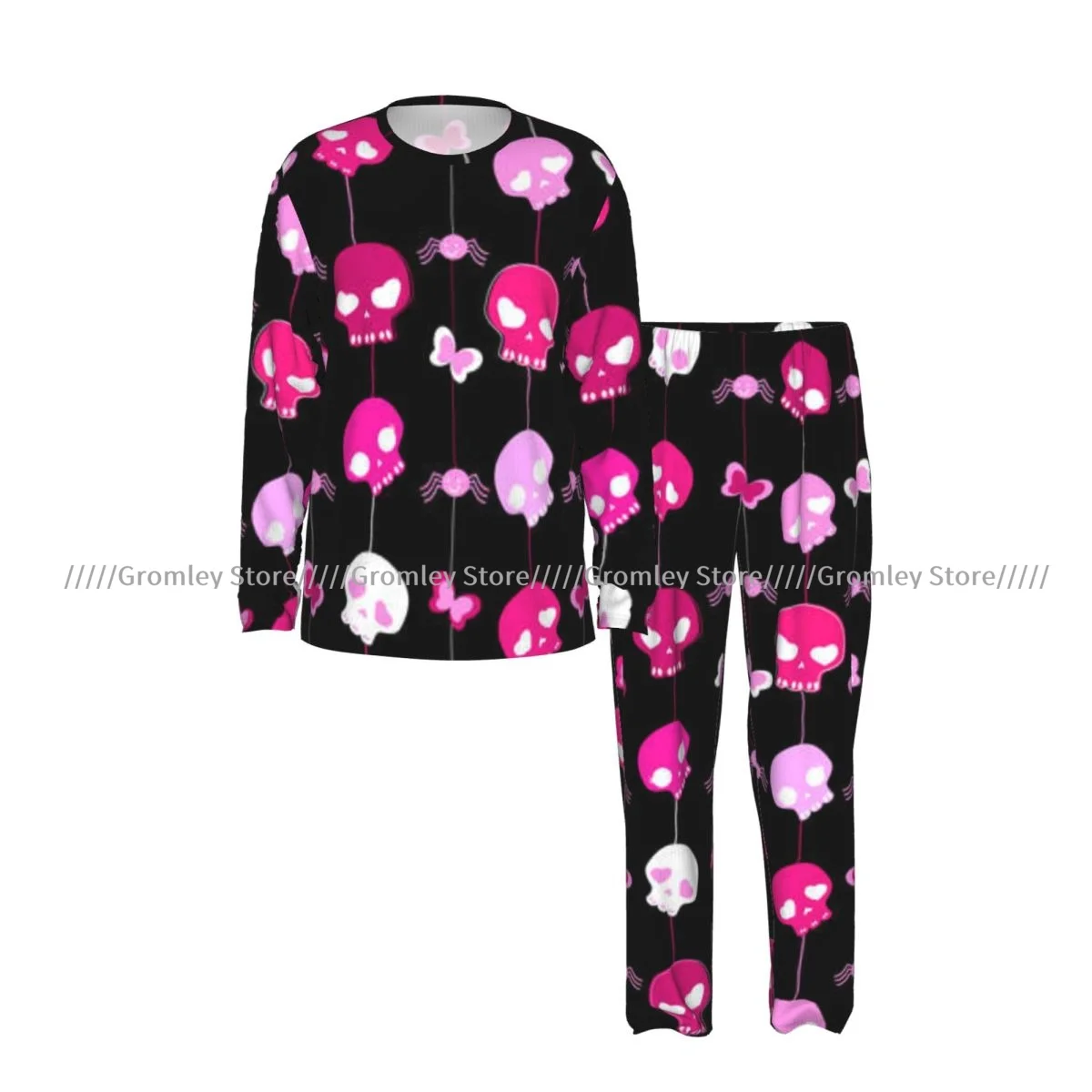 Girlish Cute Skulls Men's Pajama Set Long Sleeve T-Shirt and Long Pants Sleepwear Male Nightwear Home Suit